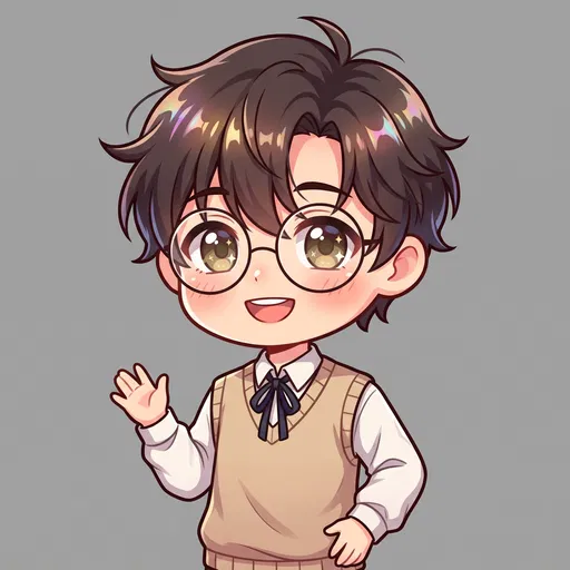 Cheerful Chibi Student Boy With Glasses