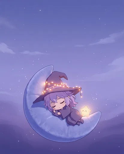 Chibi Witch Sleeping on Crescent Moon
