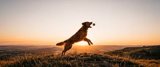 Golden Retriever Jumping for Ball at Sunset