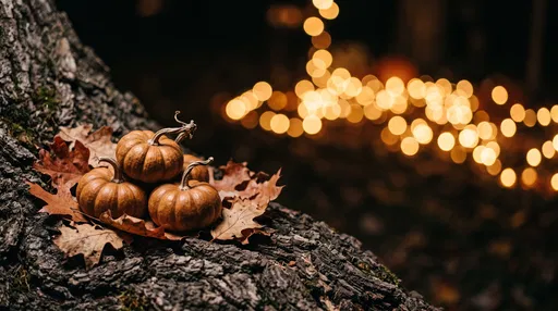Mini Pumpkins on Bark with Bokeh