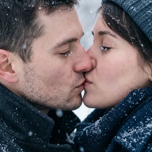 Close-Up of Couple Kissing in Snow