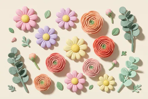 3D Clay Pastel Floral Flat Lay