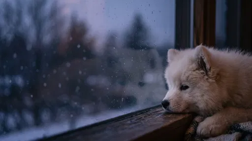 Fluffy White Puppy Looking Out Window
