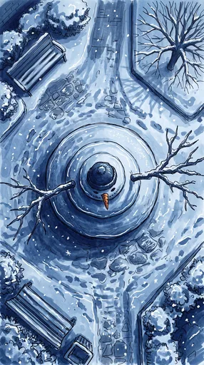 Top-Down Winter Courtyard Snowman Illustration
