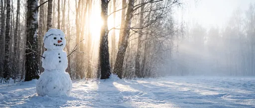 Snowman in Sunlit Winter Birch Forest