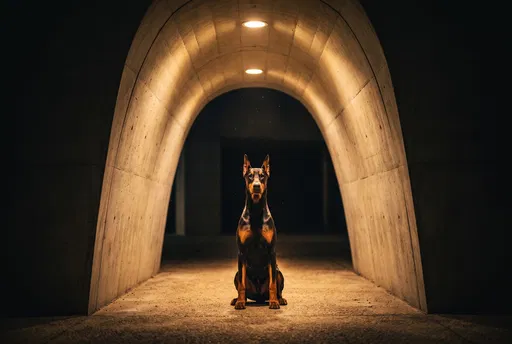 Doberman Sitting Under Illuminated Concrete Archway