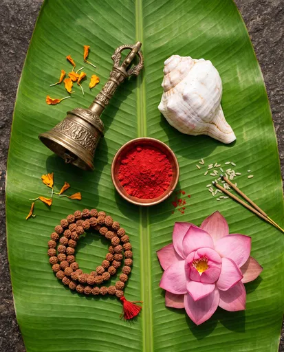 Hindu Puja Ritual Items On Banana Leaf