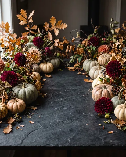 Autumn Slate Table With Pumpkins and Dahlias