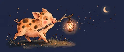 Spotted Piglet Carrying Lantern at Night