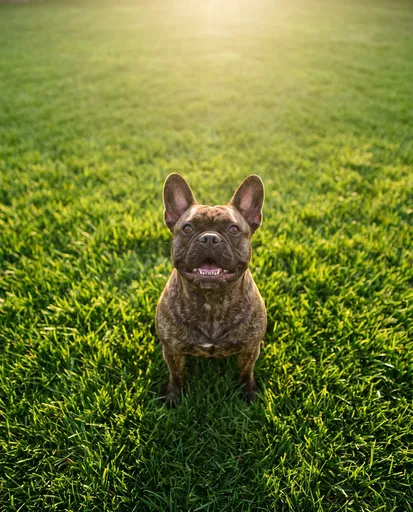 Brindle French Bulldog on Sunny Green Lawn