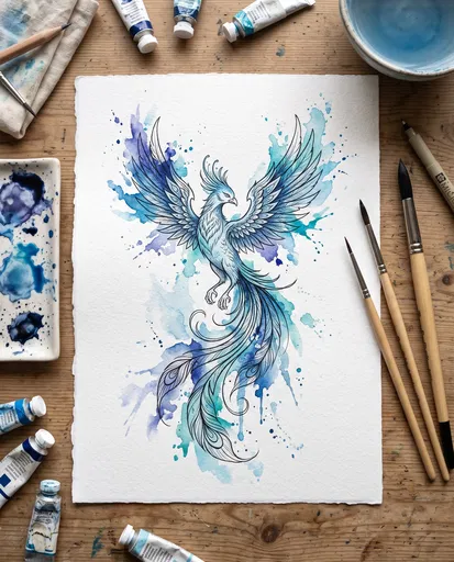 Blue Watercolor Phoenix Illustration Flat Lay