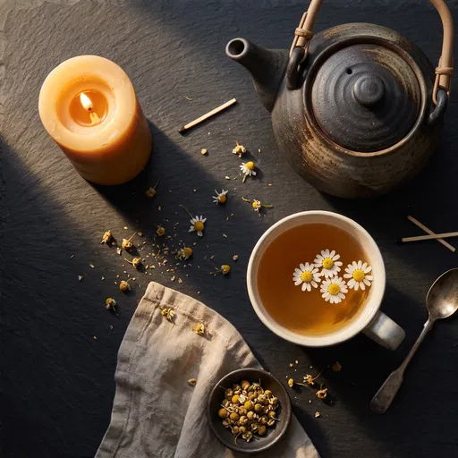 Chamomile Tea and Candle Flat Lay