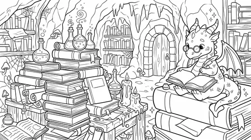 Scholar Dragon in Cavern Library Coloring Page