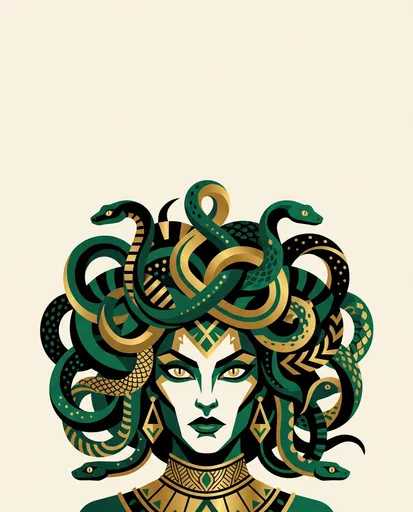 Stylized Green and Gold Medusa Illustration
