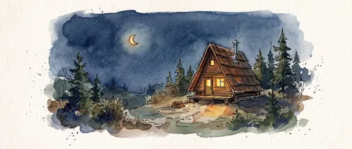 Watercolor A-Frame Cabin Under Crescent Moon