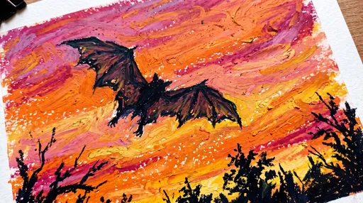 Oil Pastel Drawing of Flying Bat