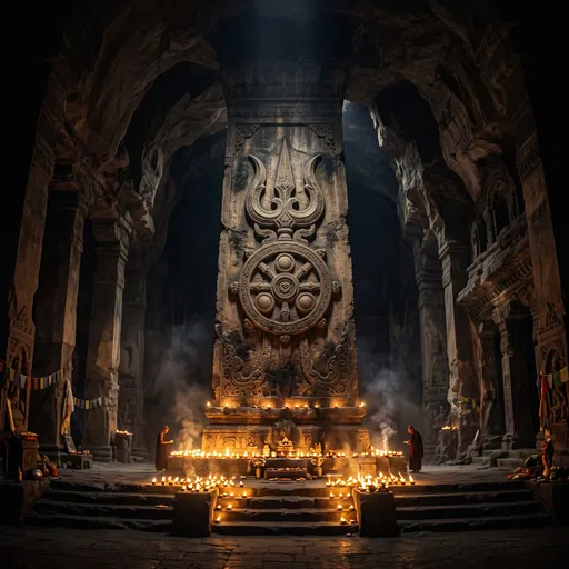 Ancient Cave Temple With Carved Pillar