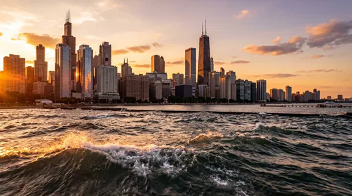Chicago Skyline Over Choppy Lake at Sunset