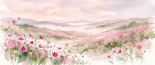 Watercolor Pink Cosmos Flower Hills Panorama