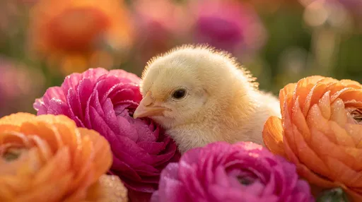 Fluffy Yellow Chick in Ranunculus Flowers