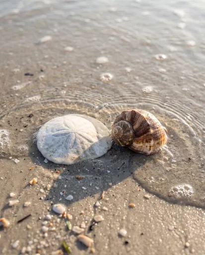 Sand Dollar and Whelk in Shallow Tide