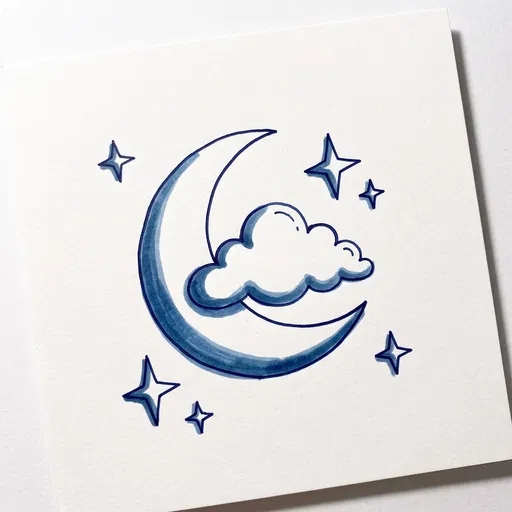 Simple Blue Moon and Cloud Drawing