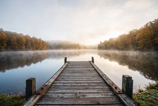 Wooden Dock on Misty Autumn Lake