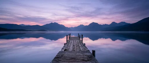 Wooden Pier on Calm Twilight Mountain Lake