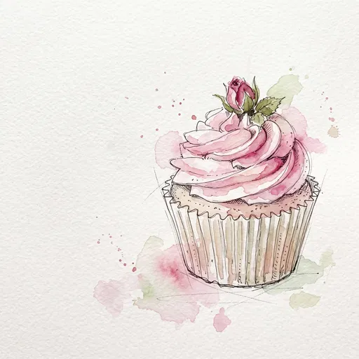 Watercolor Pink Rosebud Cupcake Illustration