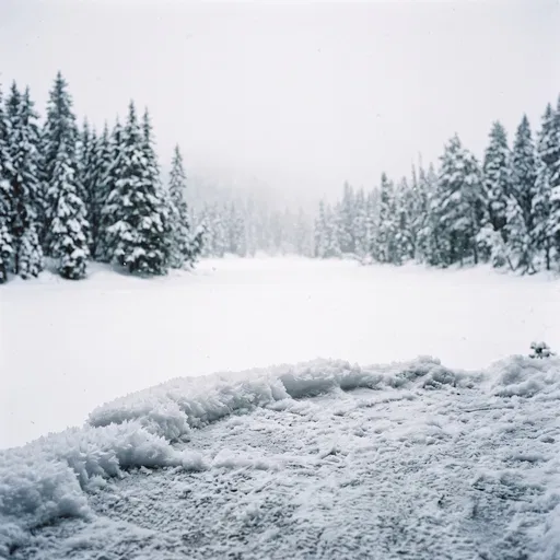 Snowy Ledge With Hoarfrost and Pines