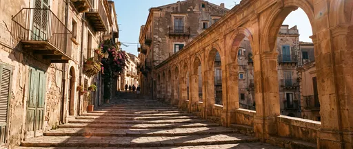 Sunlit Mediterranean Stone Colonnade and Stepped Alley