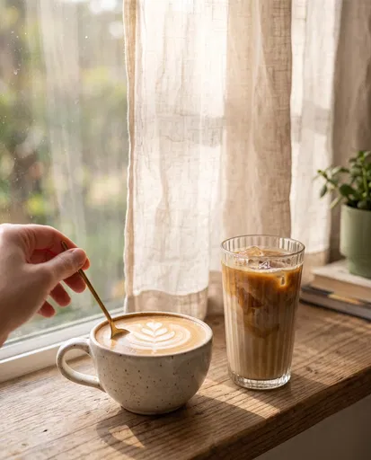 Morning Latte and Iced Coffee by Window