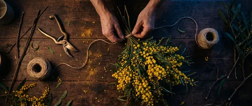 Hands Tying Golden Wattle Bouquet
