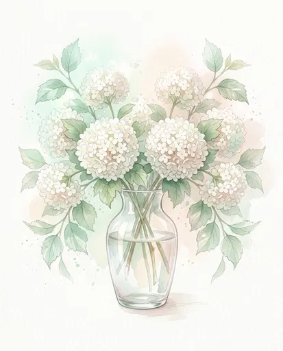 Watercolor White Viburnum Flowers in Vase