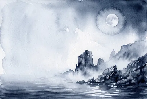 Indigo Watercolor Moon Over Misty Coast