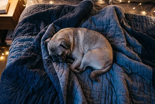 Sleeping Pug on Blue Quilted Blanket