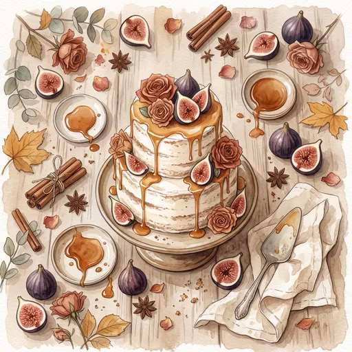 Watercolor Autumn Fig and Caramel Wedding Cake