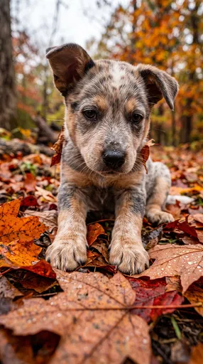Texas Heeler Puppy in Autumn Leaves