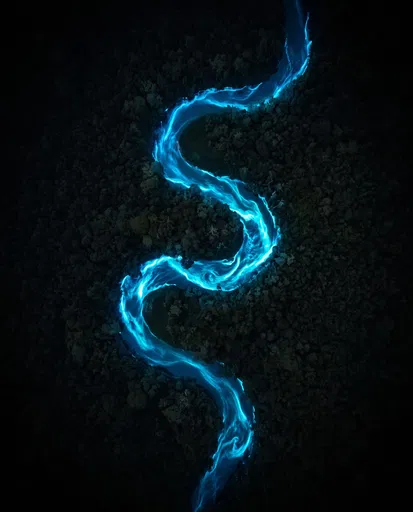 Glowing Bioluminescent River in Dark Forest