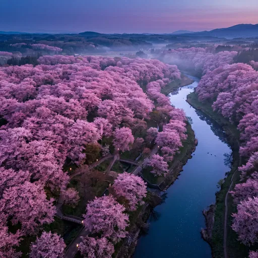 Aerial Cherry Blossom Forest at Twilight