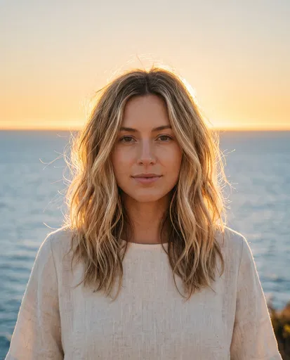 Woman With Blonde Balayage By Ocean