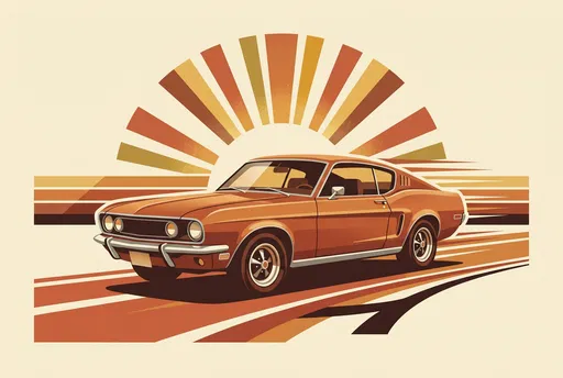 Retro Copper Fastback Car Sunburst Illustration