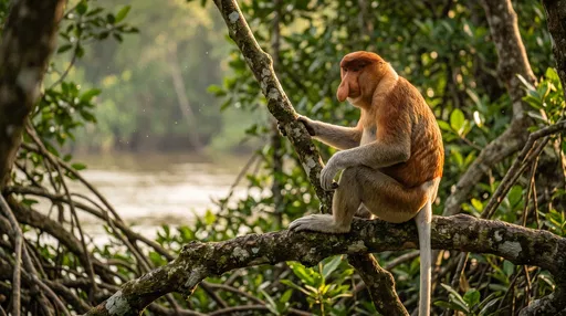 Proboscis Monkey on Mangrove Branch at Sunset