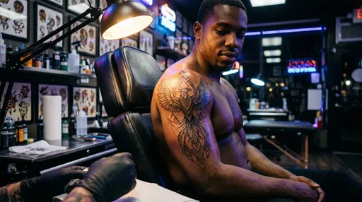 Man With Geometric Phoenix Shoulder Tattoo