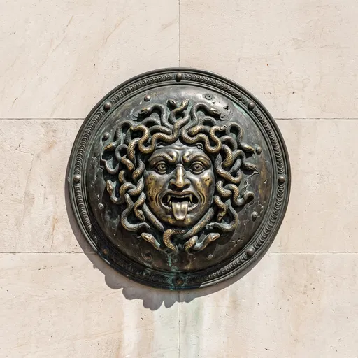 Antique Bronze Gorgoneion Medallion on Limestone Wall