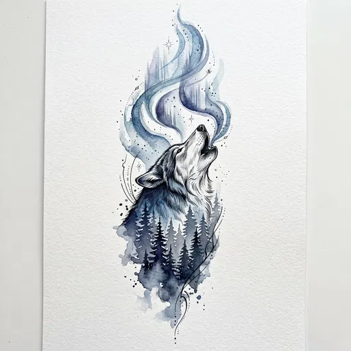 Watercolor Howling Wolf and Pine Forest Illustration