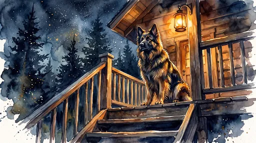 Watercolor German Shepherd on Cabin Porch