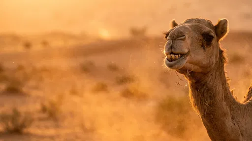 Camel Chewing in Golden Desert Sunset