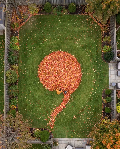 Overhead View of Raking Autumn Leaves