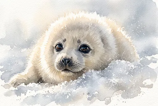 Watercolor Fluffy White Seal Pup in Snow